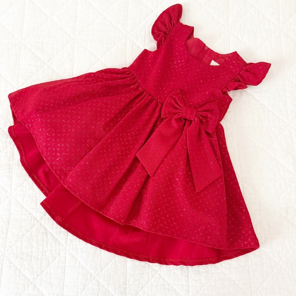 2T Rare Editions Kids Red Formal Dress Sparkles Bow Ruffle Sleeve Christmas